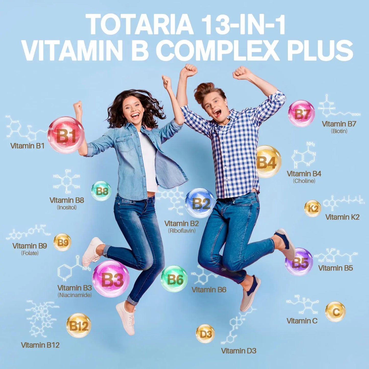 13-in-1 Vitamin B Complex Plus with Vitamin B1, B2, B3 (Niacinamide), B4, B5, B6, B7 (Biotin), B8 (Inositol), B9 (Folate), B12, C, D3, K2 - Energy, Nerve, Totaria