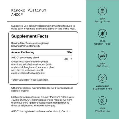 Quality of Life Premium Kinoko Platinum AHCC Herbal Supplement, 750mg per Capsule, for Immune Support, Liver Function, Maintains Natural Killer Cell Activity Quality of Life