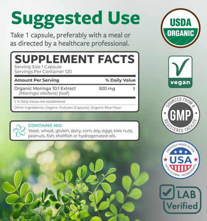 USDA Organic Moringa Capsules - High Potency Organic Moringa 500mg Extract 10:1 Per 1 Capsule Serving - Nutrient Dense Green Superfood Antioxidant PURE CO