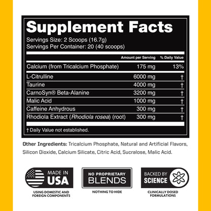 Outwork Nutrition Preworkout for Men & Women - Nootropic Pre Workout Without Creatine, Pre-Workout Powder with Taurine Rhodiola Citrulline Malate Beta Alanine Caffeine (Tropical Candy)
