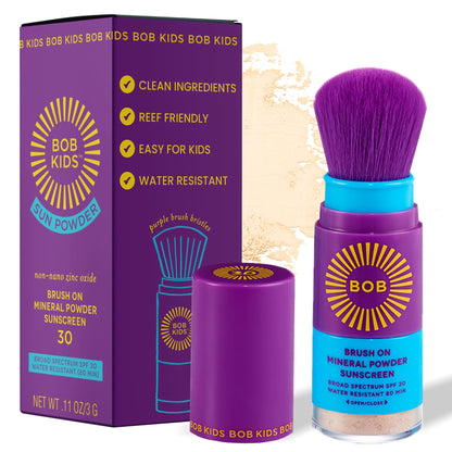 BOB KIDS SPF 30 Brush On Mineral Powder Sunscreen, Broad Spectrum Protection, Water Resistant 80 Mins, Fragrance Free Brush On Block