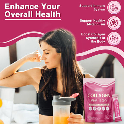ZEBORA Multi Collagen Peptides Powder Packets with Hyaluronic Acid, Biotin, MCT - Hydrolyzed Collagen with 5 Billion Probiotics ZEBORA