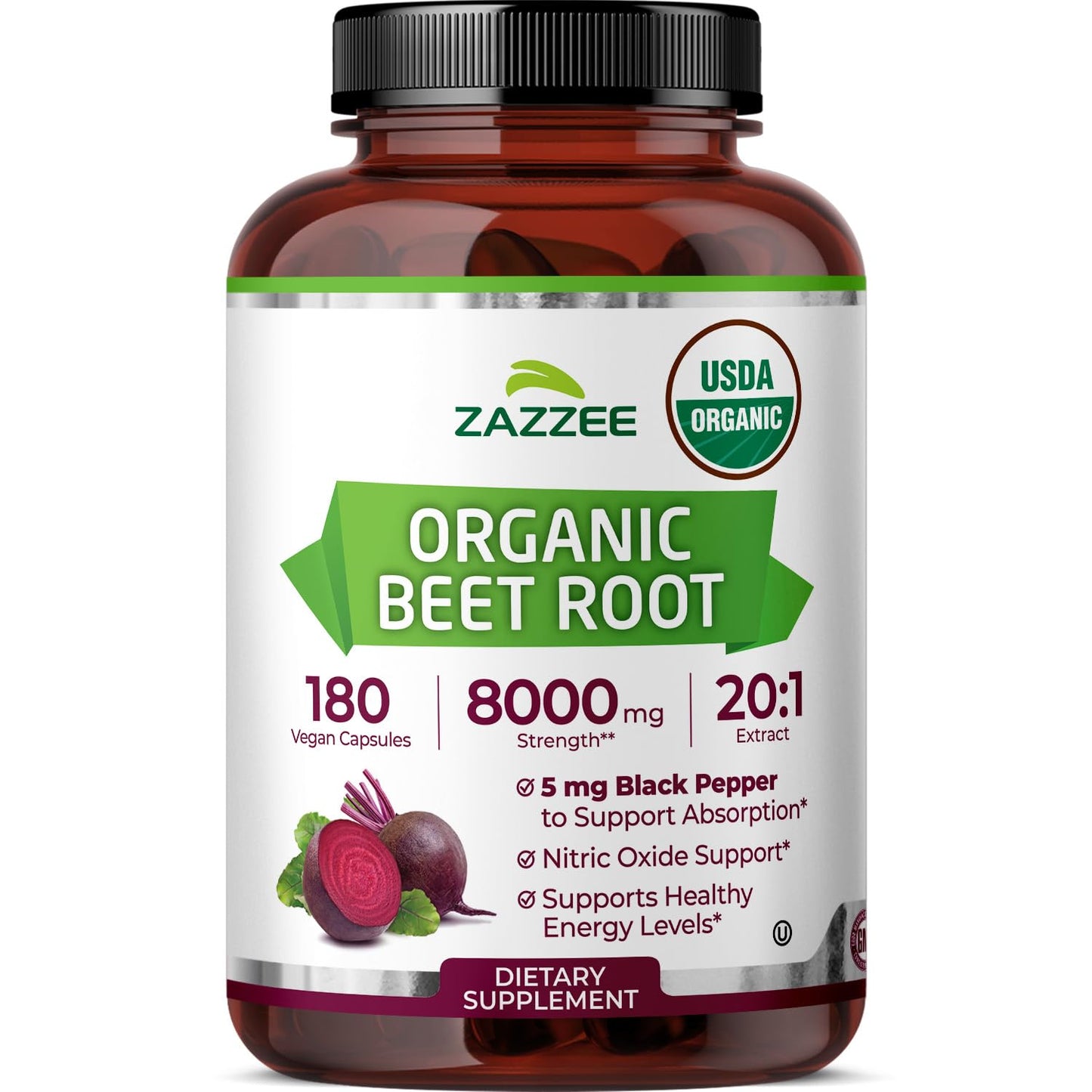 Zazzee USDA Organic Beet Root 20:1 Extract, 120 Quick Release Capsules | 4 Month Supply, Vegan, Nitric Oxide Support, Black Pepper Extract for Enhanced Absorption, Certified Kosher, Made in the USA Gsupps Australia