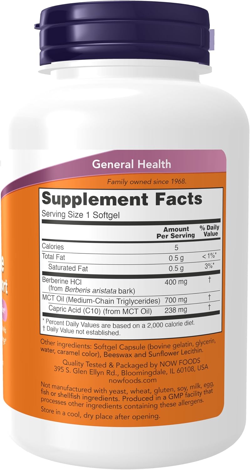 NOW Foods Supplements, Berberine Glucose Support, Combined with MCT Oil for Optimal Berberine Absorption, 90 Softgels Gsupps Australia