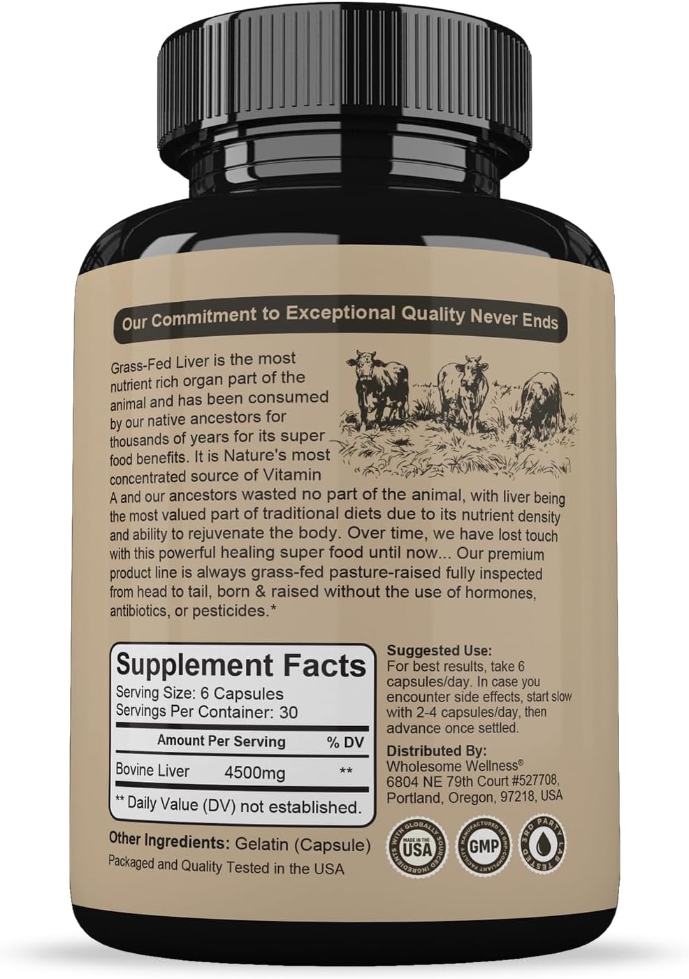 Wholesome Wellness Grass Fed Desiccated Beef Liver Capsules (180 Pills, 750mg Each) - Natural Iron, Vitamin A, B12 for Energy - Raised Undefatted in New Zealand Without Hormones or Chemicals Gsupps Australia