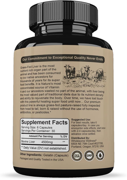 Wholesome Wellness Grass Fed Desiccated Beef Liver Capsules (180 Pills, 750mg Each) - Natural Iron, Vitamin A, B12 for Energy - Raised Undefatted in New Zealand Without Hormones or Chemicals Gsupps Australia