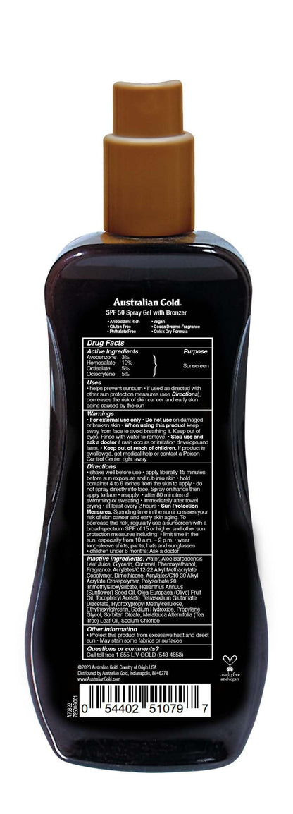 Australian Gold Spray Gel Sunscreen SPF 50 Broad Spectrum | Instant Bronzer Australian Gold