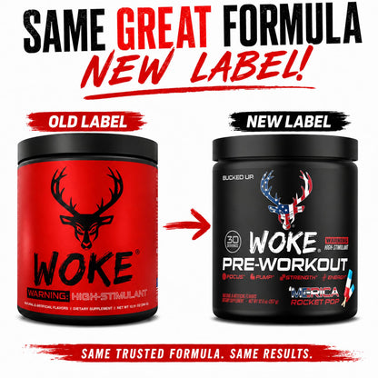 Bucked Up - Woke - HIGH STIM Pre Workout - Best Tasting - Focus Nootropic, Pump, Strength and Growth, 30 Servings (Rocket Pop)
