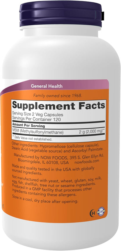 NOW Supplements, MSM (Methylsulfonylmethane) 1,000 mg, Joint Health*, 240 Veg Capsules Gsupps Australia