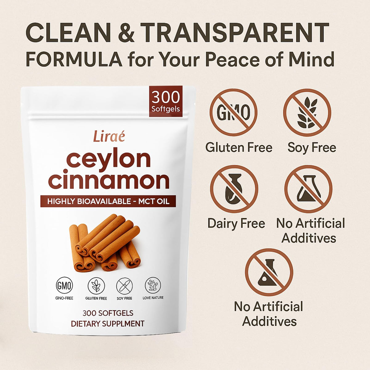 LIRAE Ceylon Cinnamon Softgels with MCT Oil – 300 Softgels – True Ceylon Cinnamon Supplement – Non-GMO, Gluten Free LIRAE