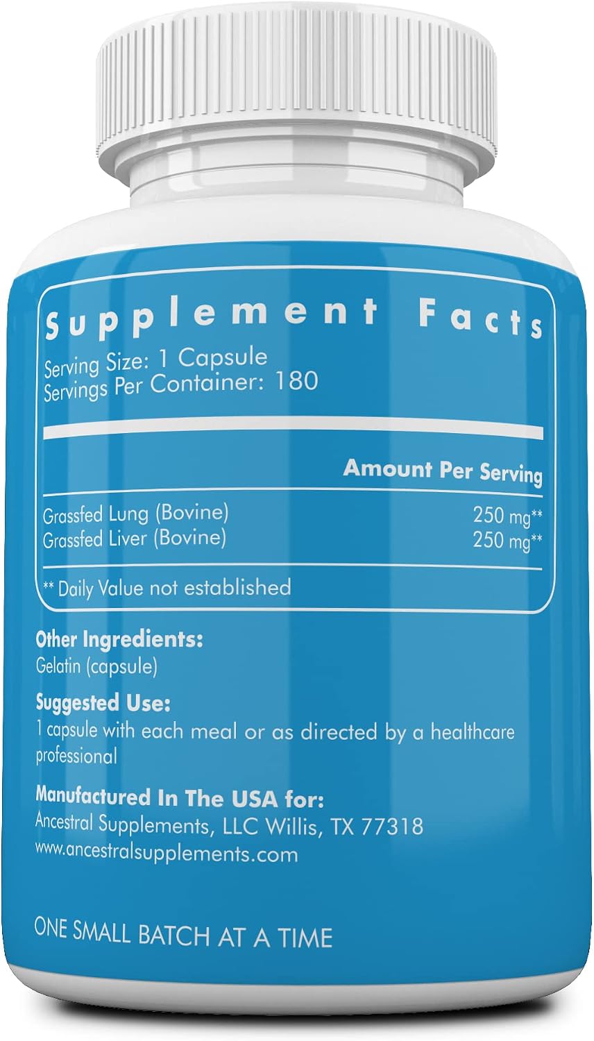 Ancestral Supplements Grass Fed Beef Lung Supplement with Liver, 500mg, Lung and Liver Supplement Supports Lung, Respiratory, Vascular, and Circulatory Health, Non-GMO, 180 Capsules