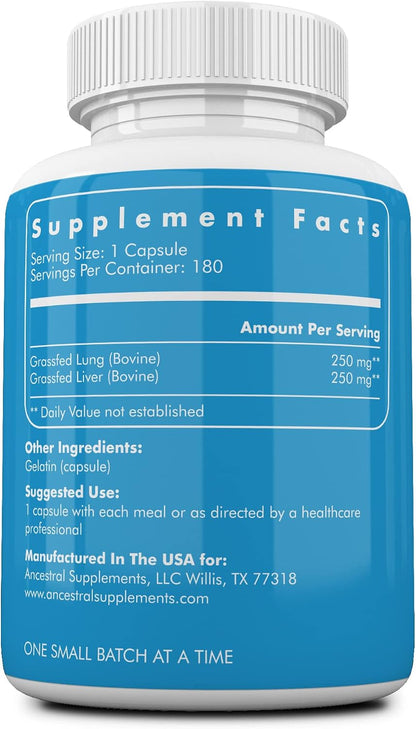 Ancestral Supplements Grass Fed Beef Lung Supplement with Liver, 500mg, Lung and Liver Supplement Supports Lung, Respiratory, Vascular, and Circulatory Health, Non-GMO, 180 Capsules