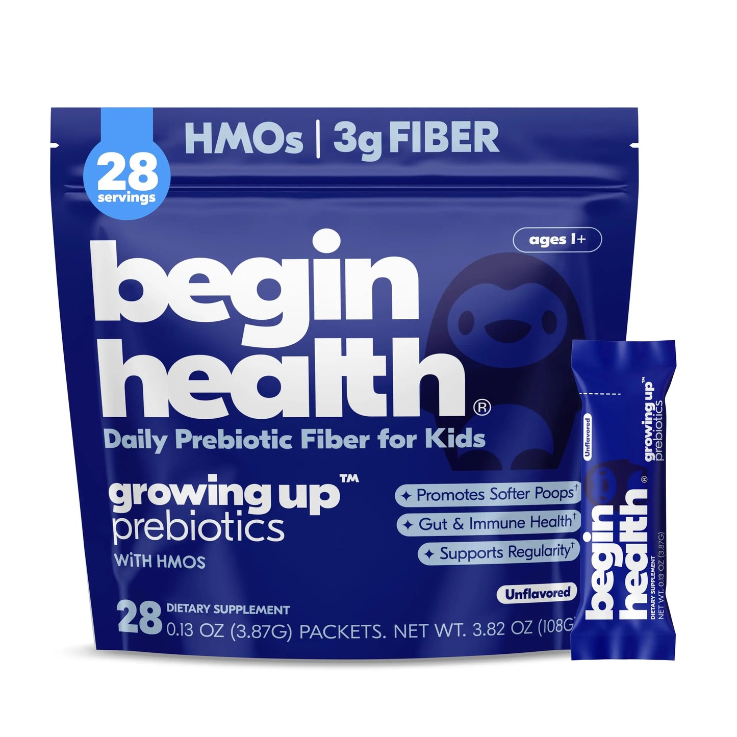 Begin Health Growing Up Prebiotics for Kids 28-Packs | Prebiotic Soluble Powder Stool Softeners and Digestive Gut Health Supplement | Ideal to Mix with Kids Daily Begin Health