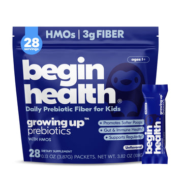 Begin Health Growing Up Prebiotics for Kids 28-Packs | Prebiotic Soluble Powder Stool Softeners and Digestive Gut Health Supplement | Ideal to Mix with Kids Daily