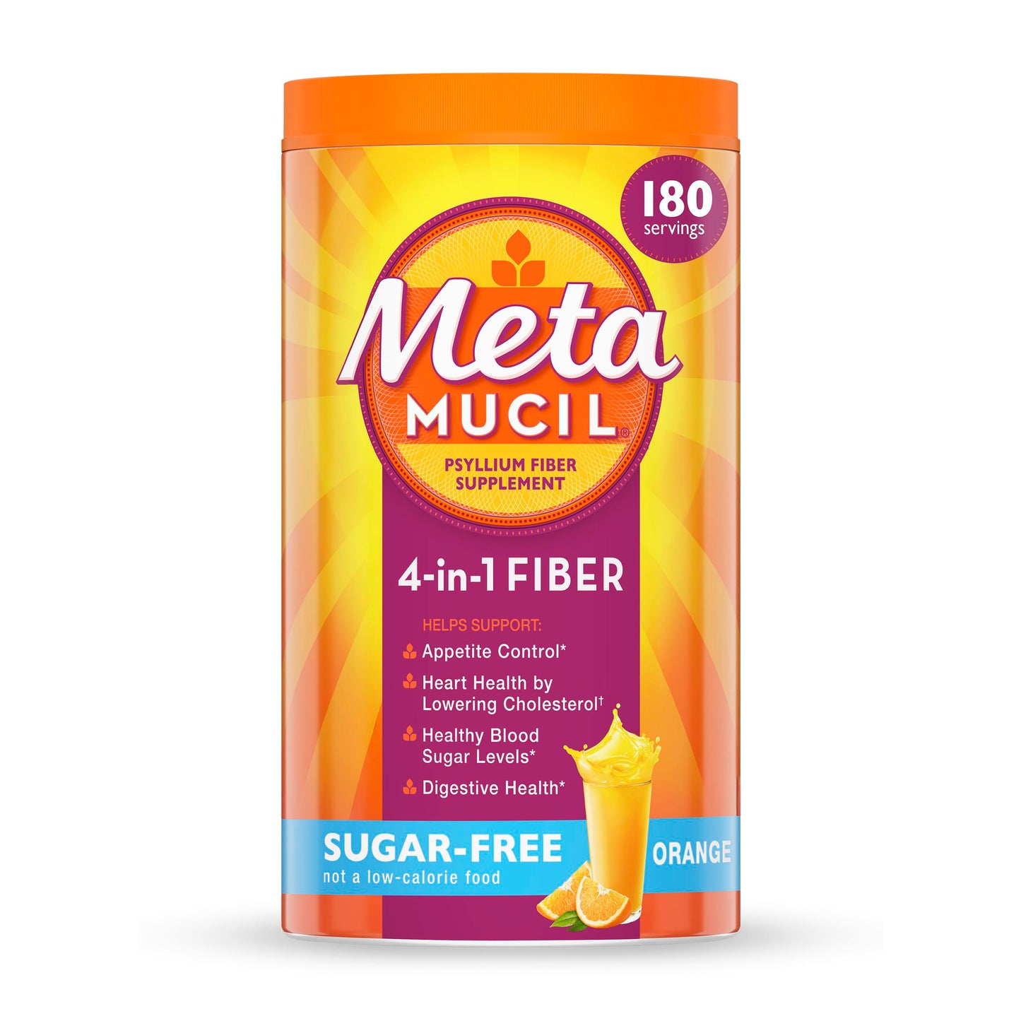 Metamucil 4-in-1 Psyllium Husk Friendly Fiber Supplement, Sugar-Free, 180 teaspoons, Orange Flavored, Daily Fiber Powder for Digestive Health Metamucil