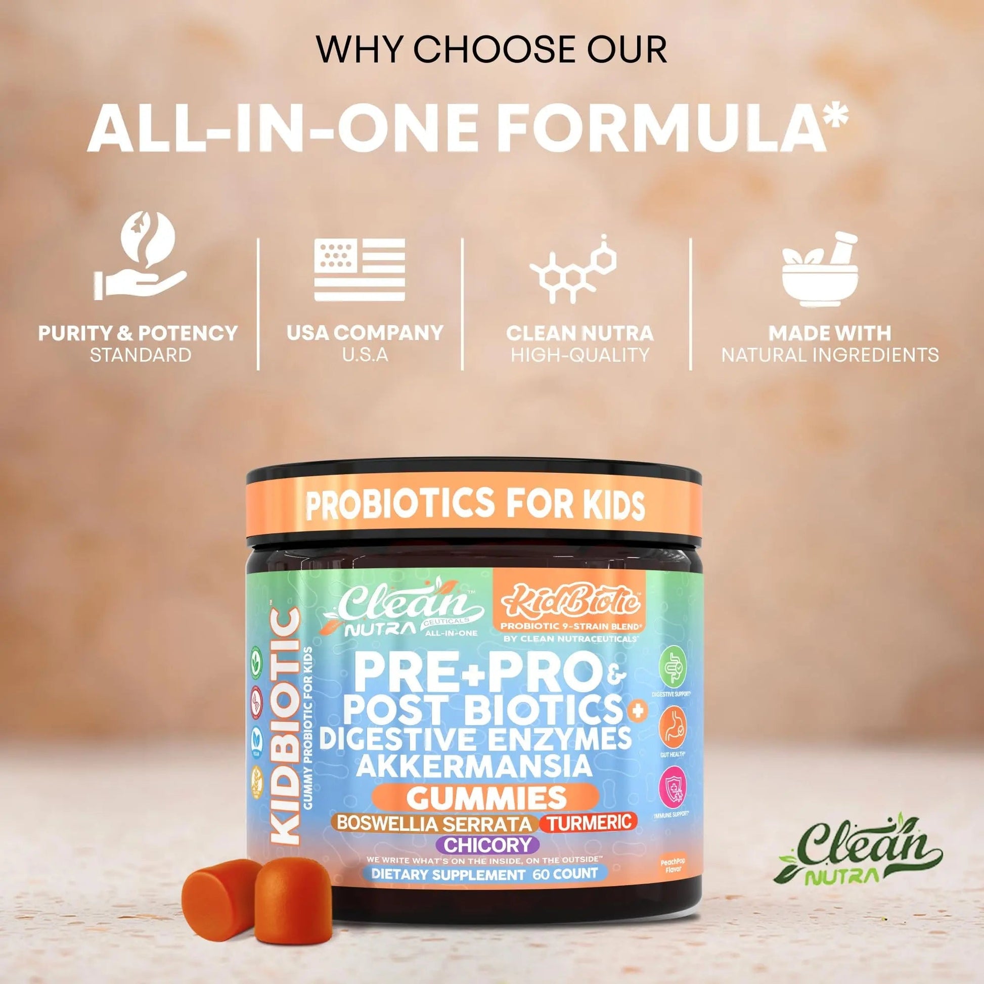 Clean Nutra Kids Probiotics Gummies with Prebiotics, Postbiotics, Digestive Enzymes, Akkermansia, Boswellia Serrata, Turmeric, Chicory – 60 Count – Plant-Based Supplement for Kids – PeachPop Flavor Clean Nutraceuticals buy australia supplements