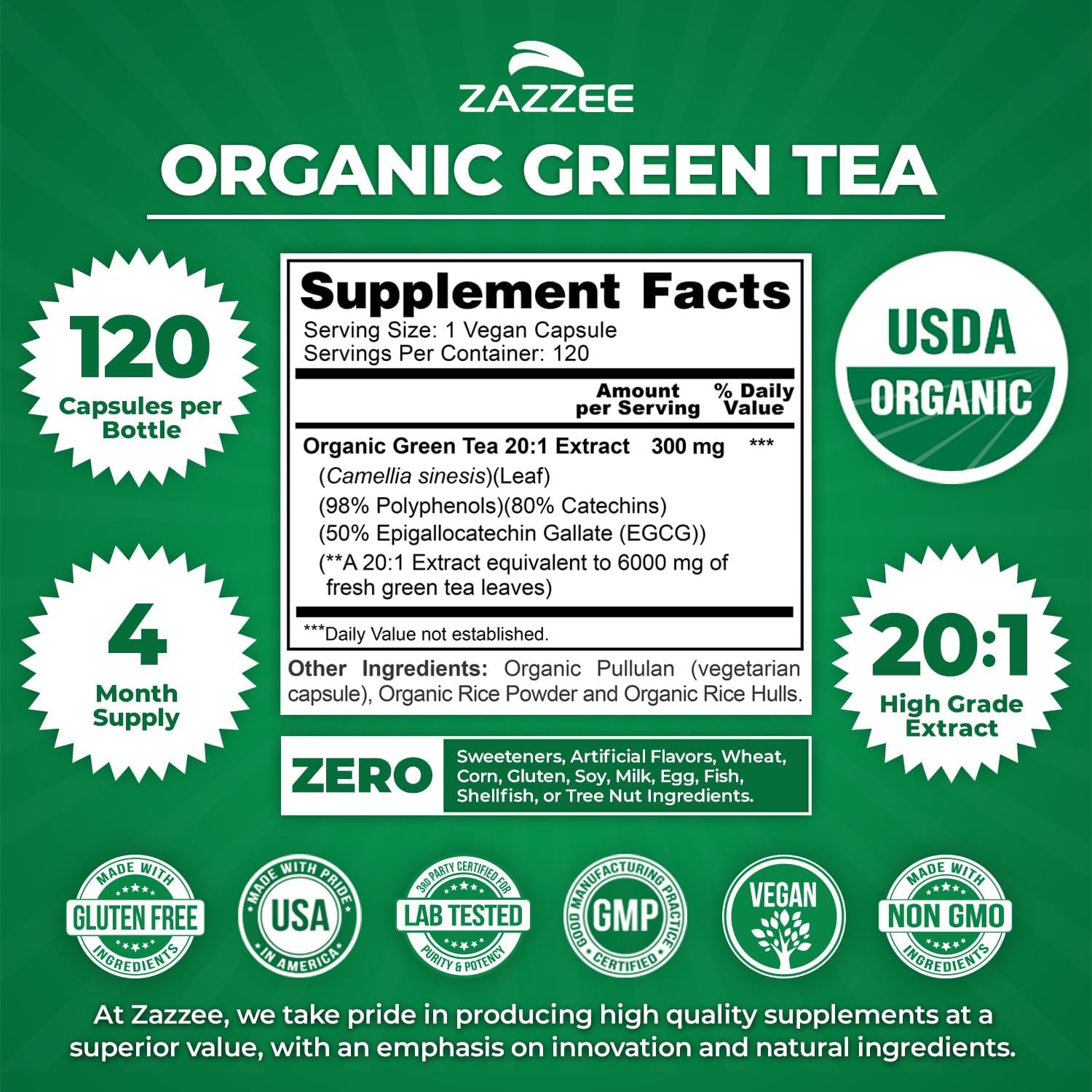 Zazzee USDA Organic Green Tea 20:1 Extract, 120 Vegan Capsules, 50% EGCG | 98% Polyphenols, 80% Catechins, 4 Month Supply, Antioxidant, Metabolism & Energy Support, Non-GMO, All-Natural, Made in USA Gsupps Australia