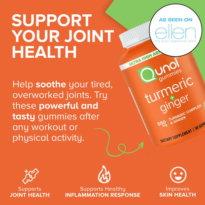 Qunol Turmeric and Ginger Gummies - Joint Support Supplement with Ultra High Absorption, 90 Count Vegan and Gluten Free Gummies Qunol