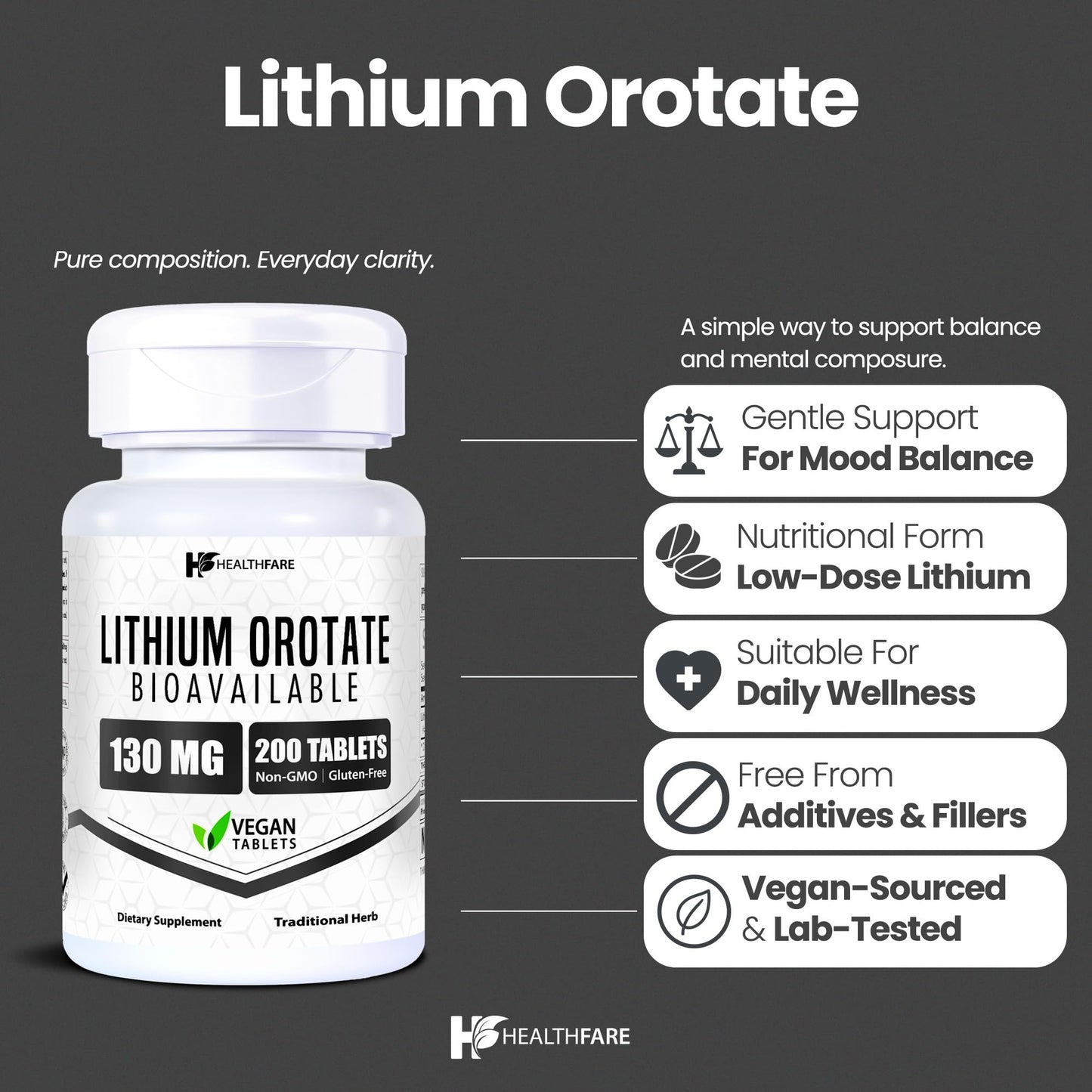 HealthFare Lithium Orotate Supplement 130mg | 200 Vegetarian Tablets | High Bioavailability Trace Mineral | Mood, Brain & Memory Support Healthfare