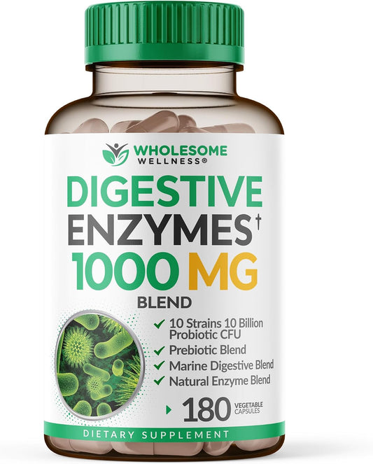 Wholesome Wellness Digestive Enzymes 1000MG Plus Prebiotics & Probiotics Supplement, 180 Capsules, Organic Plant-Based Vegan Formula for Digestion & Lactose with Amylase & Bromelain,3-6 Months Supply Gsupps Australia