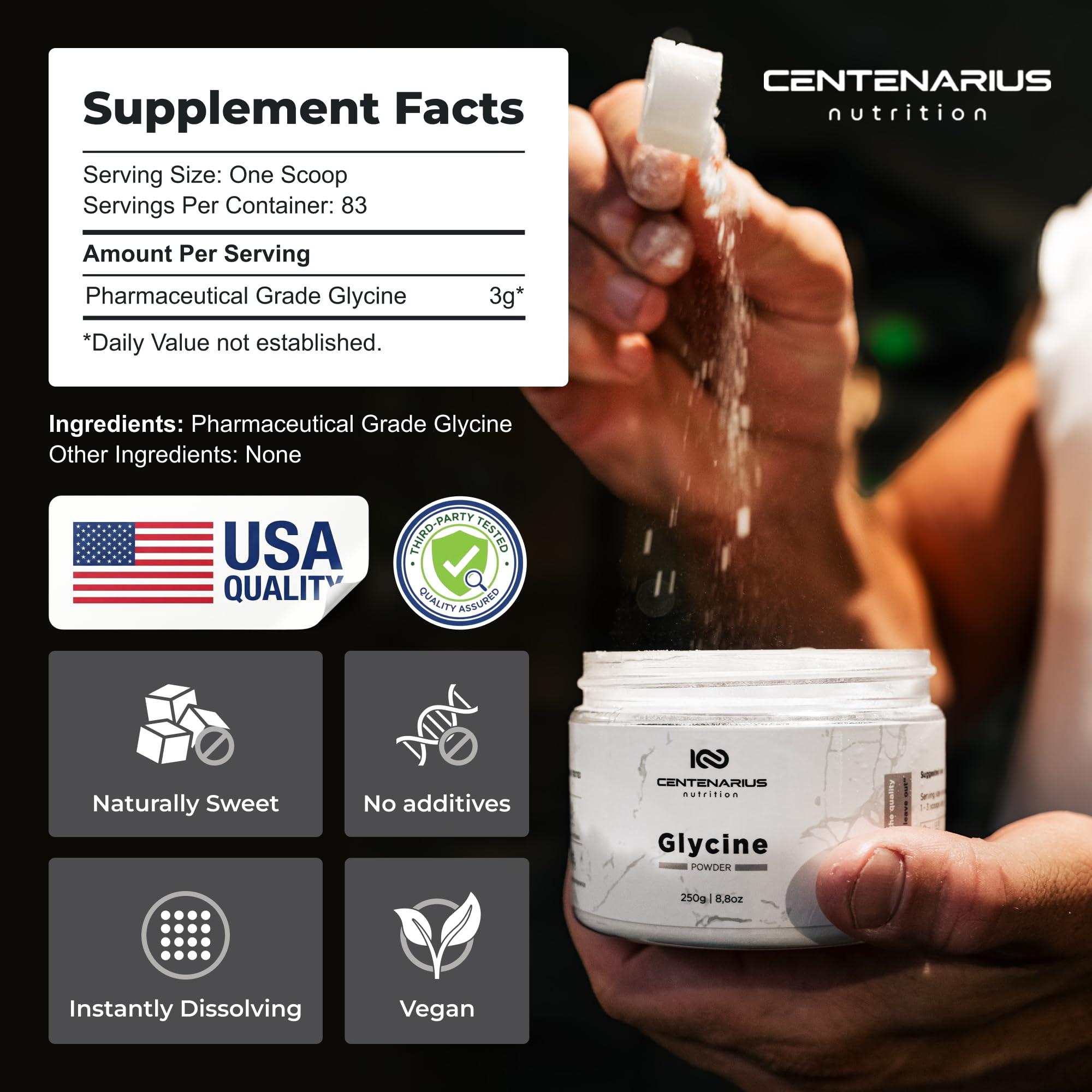 Premium Glycine Powder 250g | Amino Acids Supplement for Post Workout Muscle Recovery, Digestion, Sleep Aid + More - Vegan, Additive-Free Centenarius Nutrition buy australia supplements