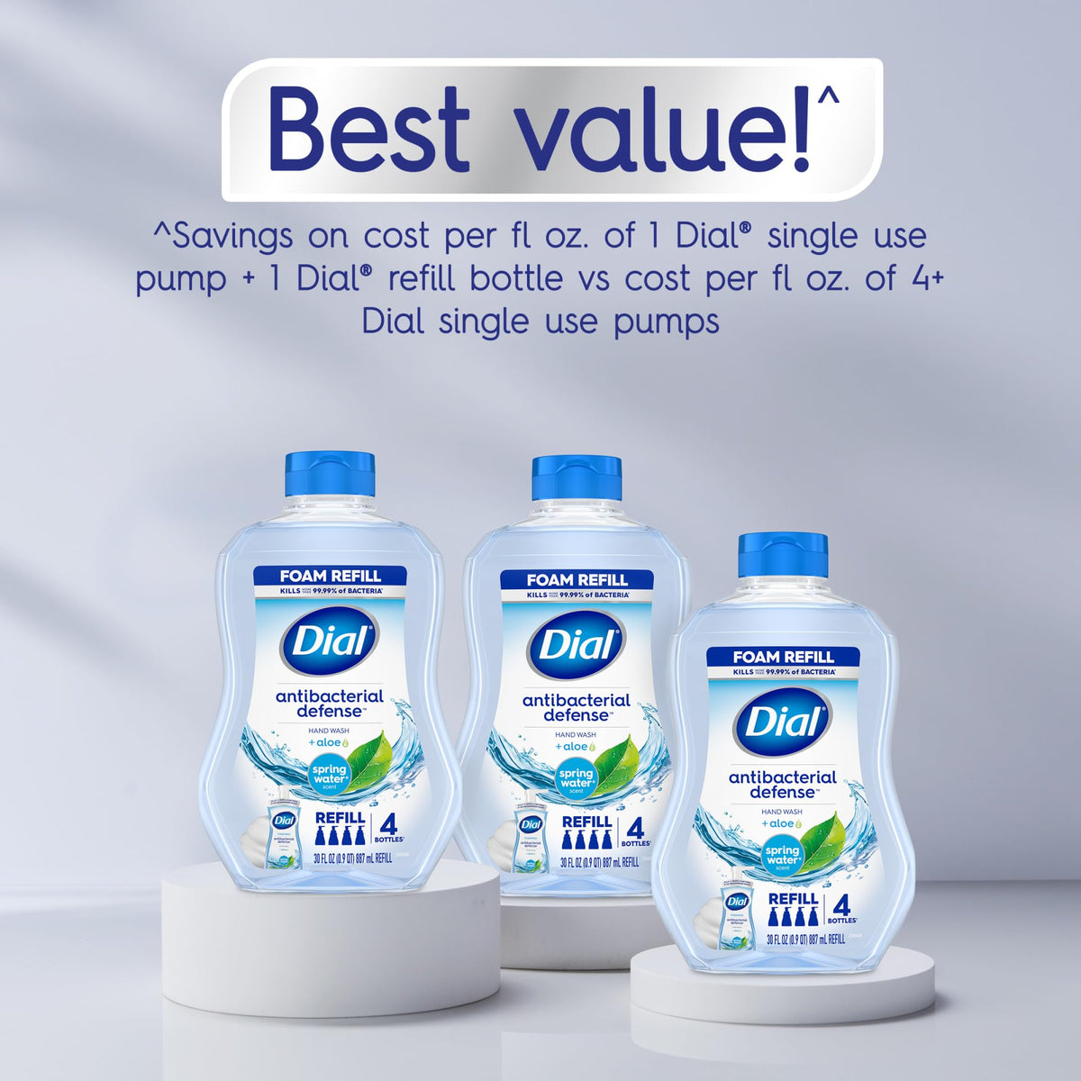 Dial Antibacterial Defense Foaming Hand Soap + Aloe, Spring Water Scent, 30 Fl Oz Hand Soap Refill (4 Pack), Dermatologist-Tested, Gentle on Skin Dial