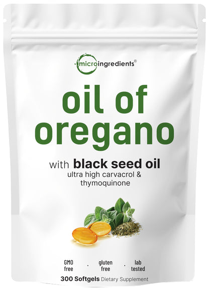 Micro Ingredients Oil of Oregano Softgels, 300 Count | 2 in 1 Formulated | 4X Strength Carvacrol & Thymoquinone | Plant Based, Non-GMO Micro Ingredients