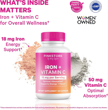 Pink Stork Iron for Women with Vitamin C, 60 Capsules, 2-Month Supply | 18 mg Chelated Iron Bisglycinate + Vitamin C, Supports Energy, Focus + Oxygen, Pregnancy, Postpartum, PMS + Perimenopause
