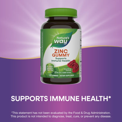 Nature's Way Zinc Gummies, Adult & Kids 9+ Immune Support Gummies*, 100% Daily Value per Serving, Mixed Berry Flavor, 120 Chews Nature's Way