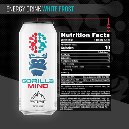 Gorilla Mind Energy Drink | Unmatched Energy · Amplified Focus | N-Acetyl-L-Tyrosine, Alpha-GPC, 200mg Caffeine, Uridine, Saffron | 0 Sugar Or Artificial Colors | 16oz, 12-Pack (Black Cherry Vanilla)