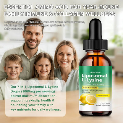 Liposomal L-Lysine 1000mg Liquid Drops, 7-in-1 Lysine Supplement for Adults with Vitamin C/B6/D3/B12 & Zinc Gluconate, Immune Support, Collagen Synthesis & Skin Lip Health, Lemon Flavor, 2 Fl Oz Nubetong
