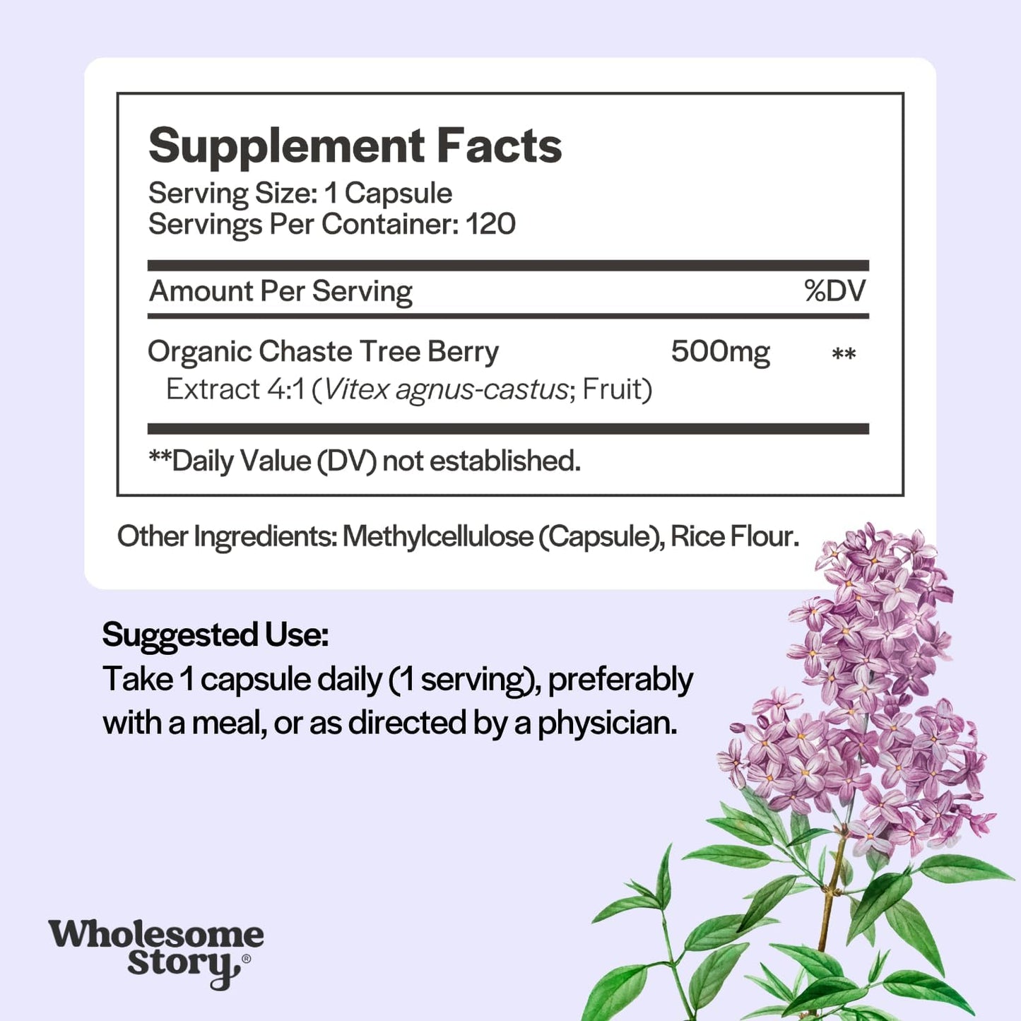 Wholesome Story Organic Vitex Chasteberry Supplement for Women | Hormone Balance, Fertility Support & Period Regulation | Vitex Berry Agnus Castus Extract | 120 Capsules | Chaste Tree Berry