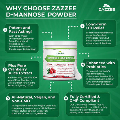 Zazzee D-Mannose Powder Plus, 2000 mg, 67 Servings, Free Scoop, Made in USA | Plus 5 Billion CFU Probiotics and Pure Cranberry Juice Extract, Kosher, 6.67 oz, Urinary Tract & Bladder Support, Non-GMO Gsupps Australia