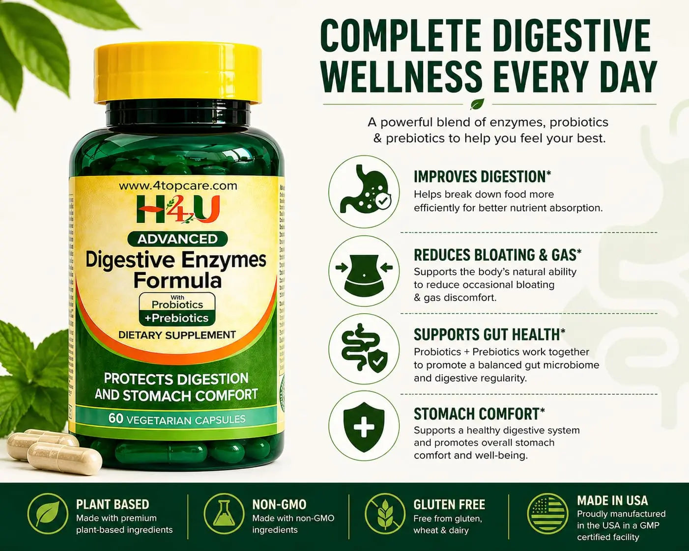 H4U Advanced Digestive Enzymes with Probiotics & Prebiotics – Multi Enzyme Supplement for Gut Health, Digestion Support, Bloating Relief & Stomach Comfort, H4U