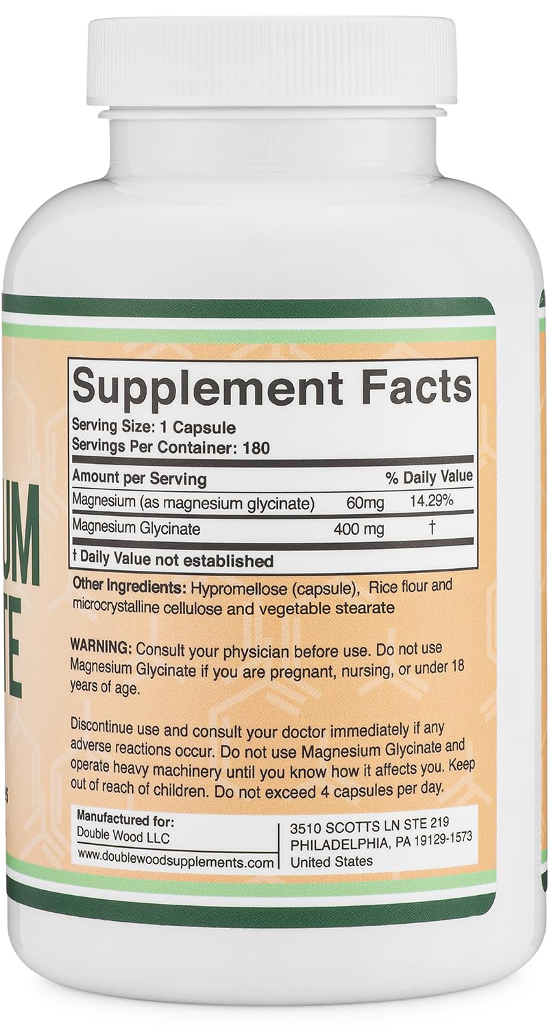 Magnesium Glycinate 400mg | 180 Capsules | Sleep, Muscle, & Heart Support | Vegan, Third Party Tested, Gluten Free, Non-GMO, by Double Wood Supplements Double Wood Supplements buy australia supplements