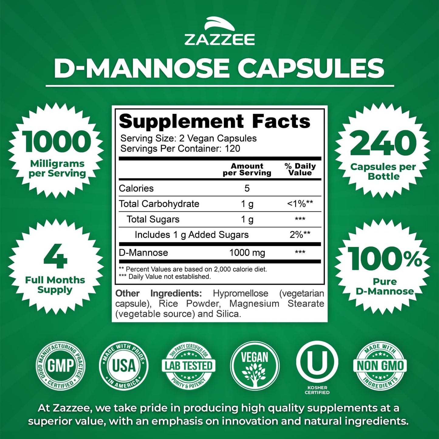 Zazzee D-Mannose, 1000 mg per Serving, 180 Vegan Capsules, 3 Month Supply | Potent & Fast-Acting, Certified Kosher, 100% Pure, All-Natural Urinary Tract Health Support, 100% Vegetarian, Non-GMO Gsupps Australia