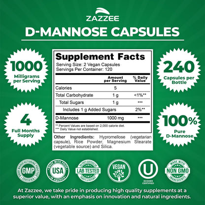 Zazzee D-Mannose, 1000 mg per Serving, 180 Vegan Capsules, 3 Month Supply | Potent & Fast-Acting, Certified Kosher, 100% Pure, All-Natural Urinary Tract Health Support, 100% Vegetarian, Non-GMO Gsupps Australia
