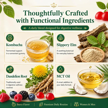 PRIMEHAVEN Probiotic Kombucha Gummies - Prebiotics, Probiotics, Postbiotics, Fiber Supplement, Slippery Elm, Dandelion Root, for Bloating, Gut Health PRIMEHAVEN