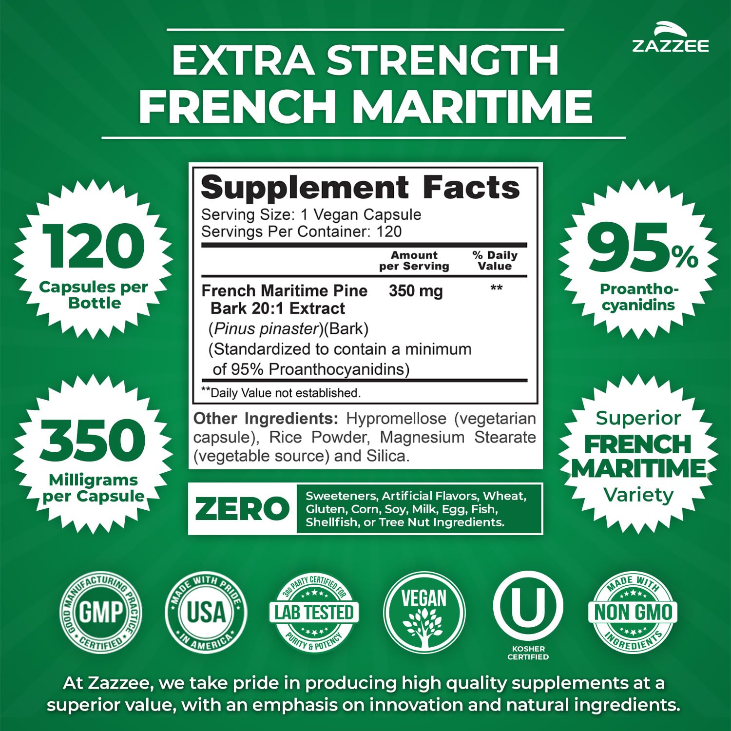 Zazzee Extra Strength French Maritime Pine Bark Extract 20:1, 180 Capsules | 350 mg Per Capsule, 95% Proanthocyanidins, Vegan, 6 Month Supply, Certified Kosher, Antioxidant Support, Non-GMO, Made in USA Gsupps Australia
