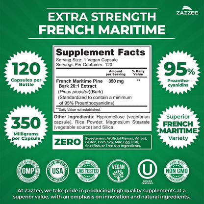 Zazzee Extra Strength French Maritime Pine Bark Extract 20:1, 180 Capsules | 350 mg Per Capsule, 95% Proanthocyanidins, Vegan, 6 Month Supply, Certified Kosher, Antioxidant Support, Non-GMO, Made in USA Gsupps Australia