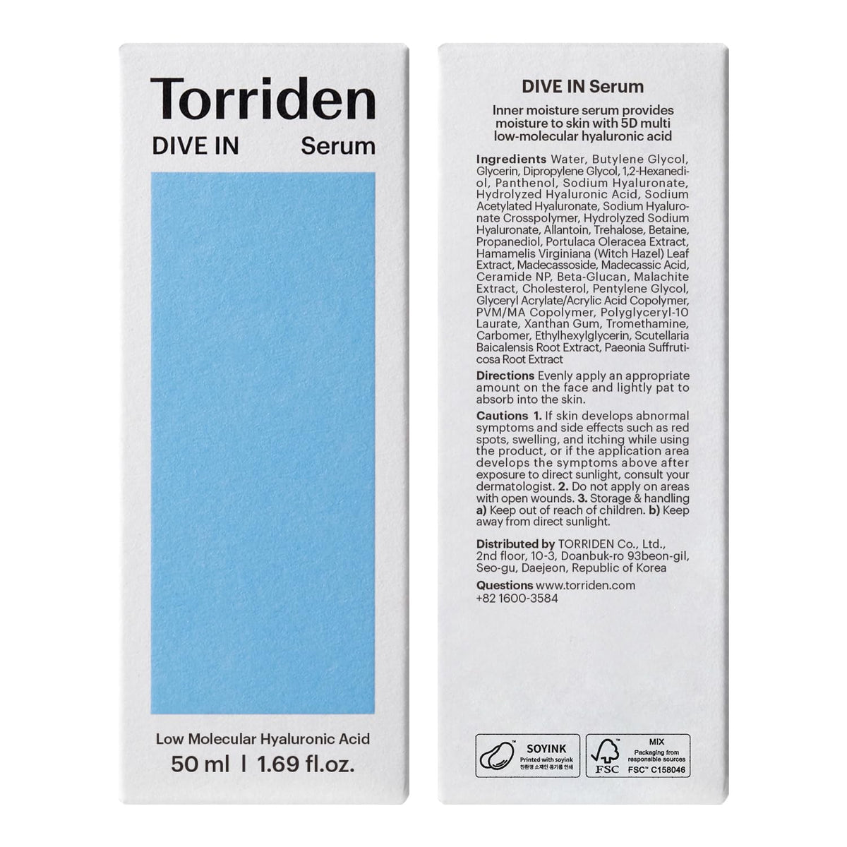 Torriden DIVE IN Hyaluronic Acid Serum for Deep Hydration | Korean K-Beauty Glass Skin Plump Glow | Lightweight Fast-Absorbing Face Serum 50ml (1.69 fl.oz.) Torriden