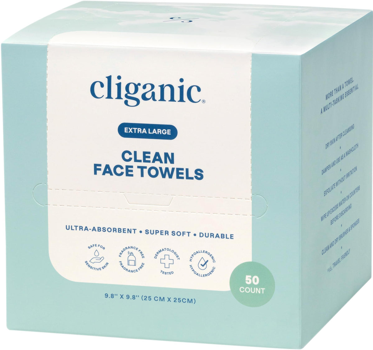 Cliganic Clean Face Towels XL, Disposable, Ultra-Absorbent, Hypoallergenic & Soft - Makeup Remover Dry Wipes, Pamper Your Face, Feel Fresh & Radiant, Hygienic Towelettes, for All Skin Types (50 Ct) Cliganic
