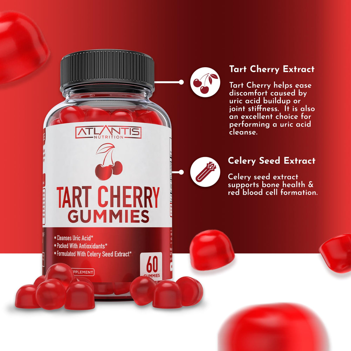 Atlantis Nutrition Tart Cherry Gummies with Celery Seed Extract - Advanced Uric Acid Cleanse for Immediate Relief | Joint Relief & Recovery Atlantis Nutrition