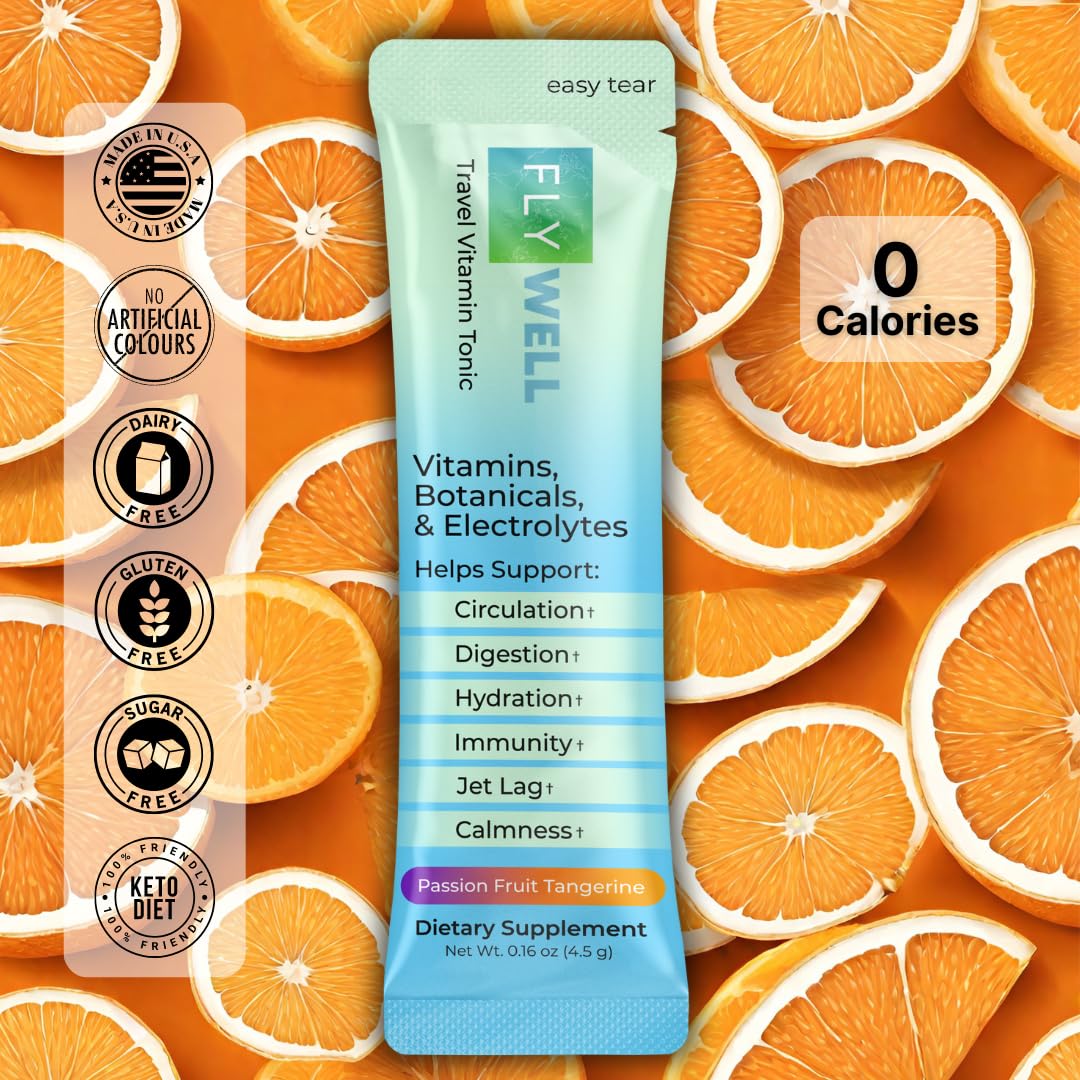 FlyWell Travel Vitamin Tonic for Flight, Jet Lag, Hydration, Circulation, Digestion & Immune Support, Promotes Calmness, Electrolyte Powder, Travel Essentials, FlyWell buy australia supplements
