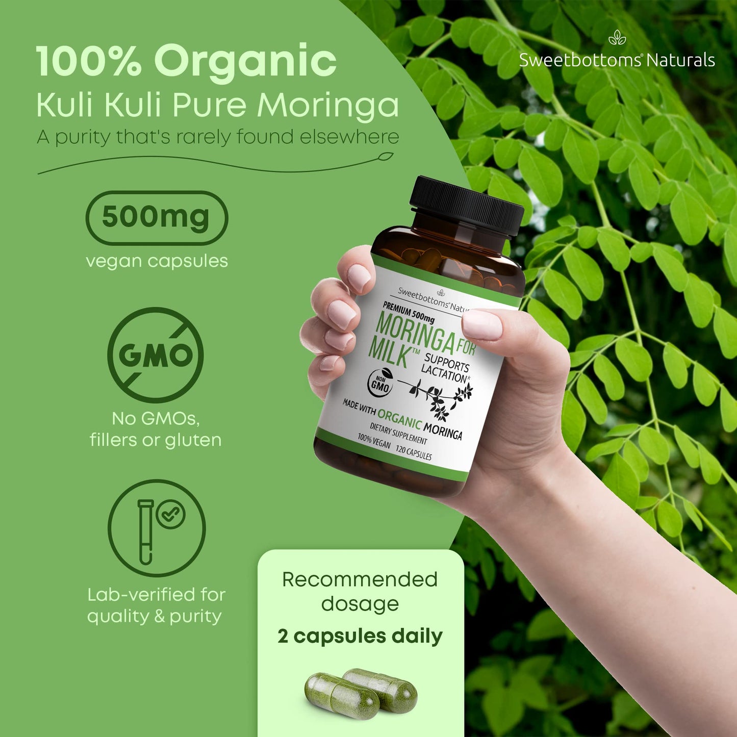 Lactation Supplement - Organic Moringa Capsules for Breastfeeding Support to Increase Breastmilk Supply (120 ct) Pure Malunggay Leaf Powder for Milk Production Booster Sweetbottoms
