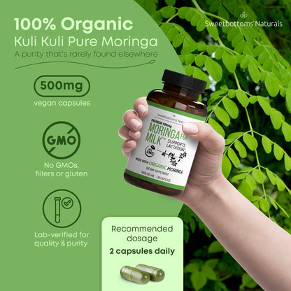 Lactation Supplement - Organic Moringa Capsules for Breastfeeding Support to Increase Breastmilk Supply (120 ct) Pure Malunggay Leaf Powder for Milk Production Booster Sweetbottoms