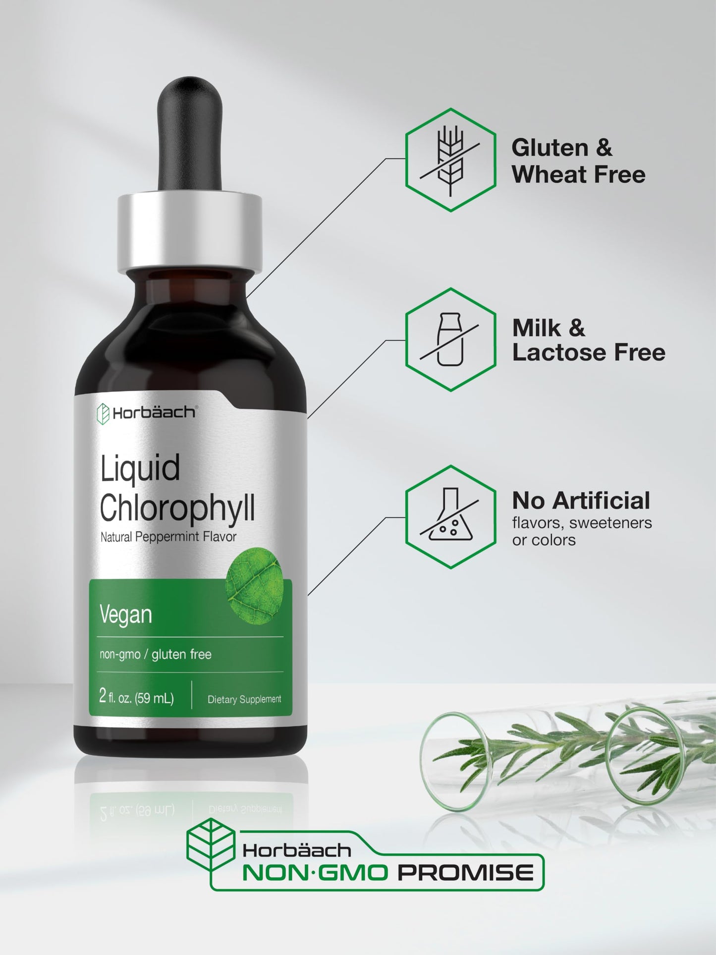 Horbäach Liquid Chlorophyll Drops | 2 oz | Vegan, Non-GMO, and Gluten Free Formula | Natural Peppermint Flavor Horbäach