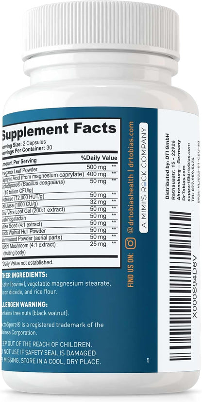 Dr. Tobias Candida Support, Gut Flora Balance Complex with Oregano, Caprylic Acid, Enzymes & Probiotics, Support Intestinal Detox Cleanse & Gut Health for Women & Men, 60 Capsules, 30 Servings