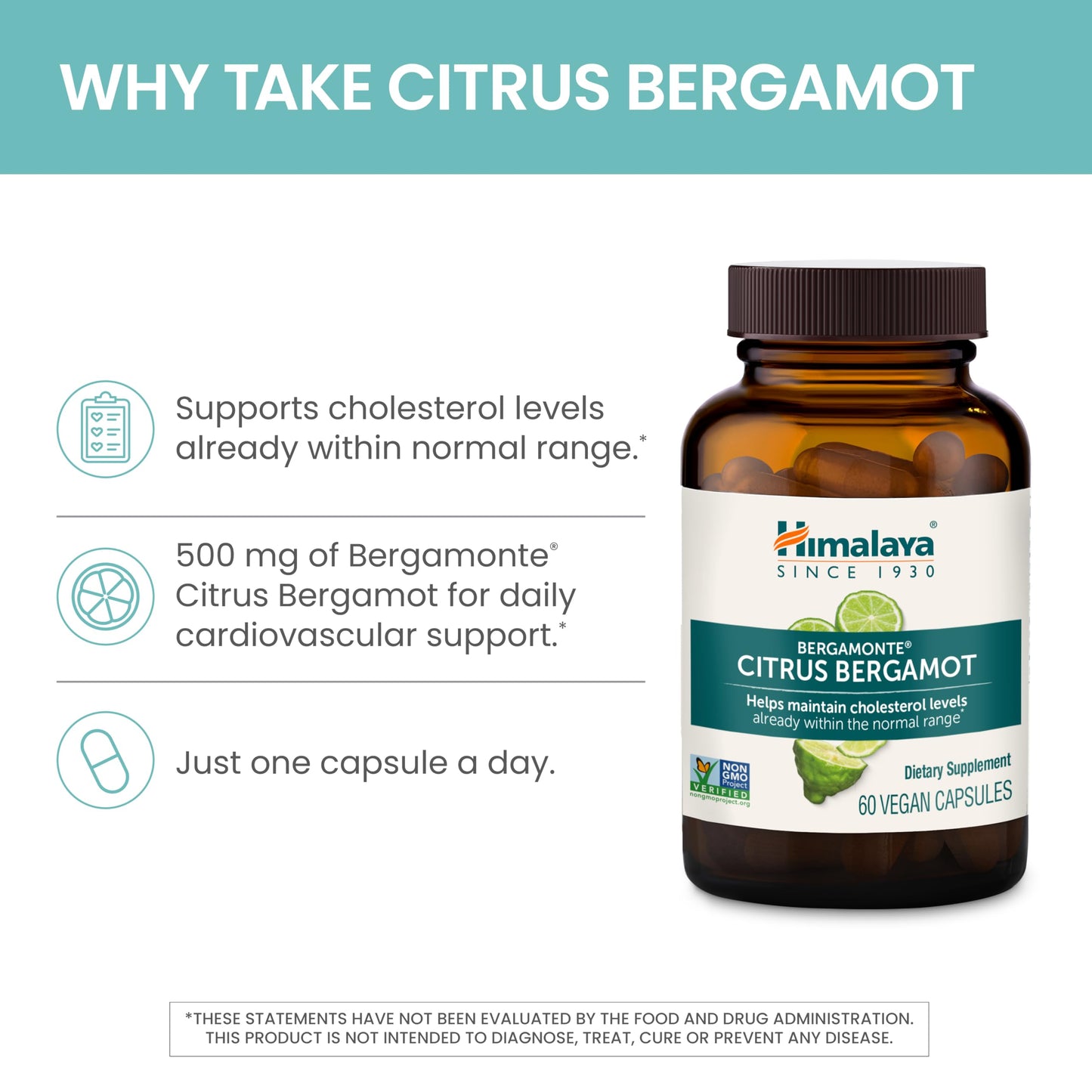 Himalaya Citrus Bergamot, Herbal Supplement for Daily Wellness, Vegan, Gluten Free, 500 mg Bergamonte® Extract, 60 Capsules Himalaya