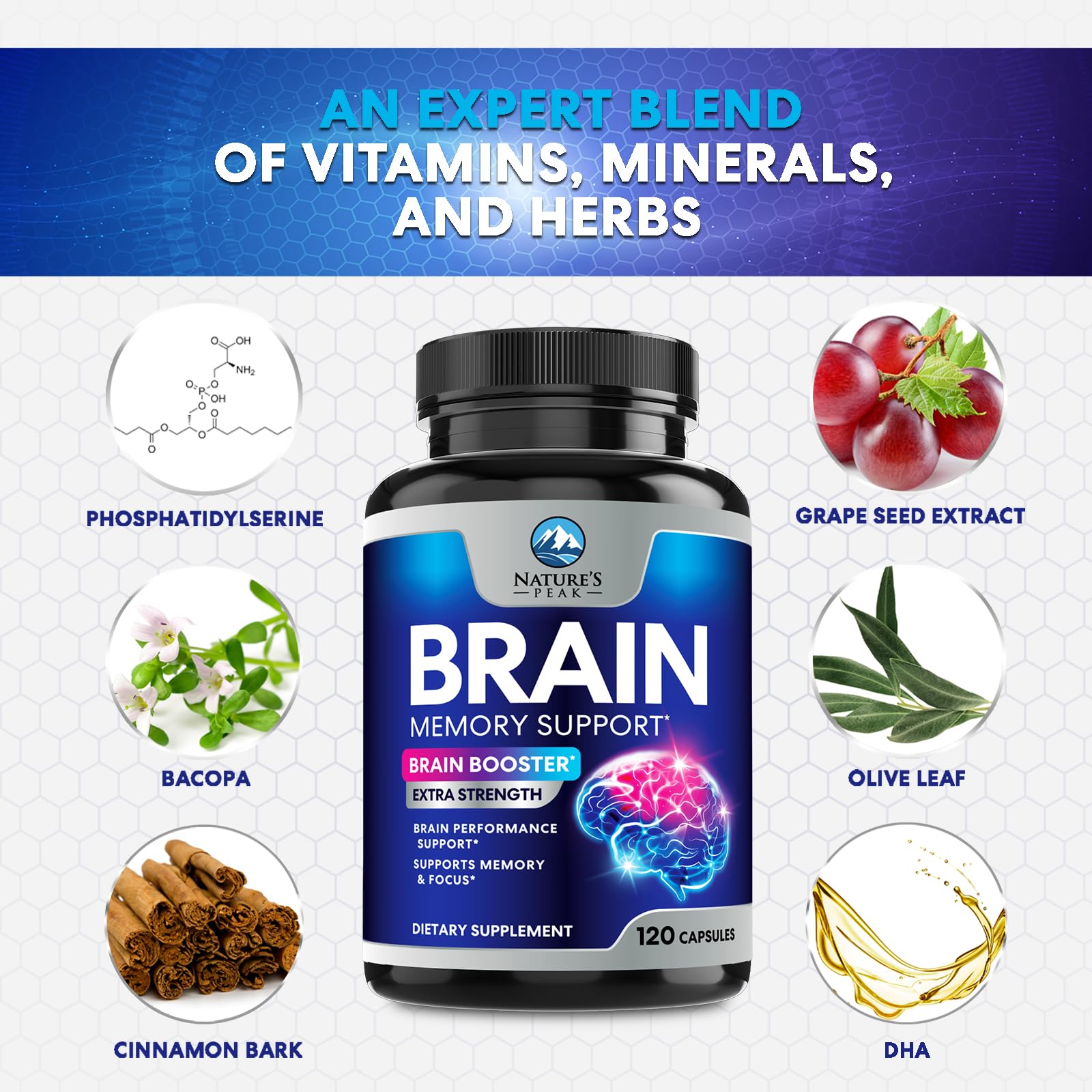 Brain Memory Supplement - 3X Strength Nootropics for Concentration, Clarity & Focus Support - Brain Health Cognitive Vitamins with Bacopa, Phosphatidylserine & DMAE, Brain Booster Pills, 120 Capsules Nature's Peak buy australia supplements